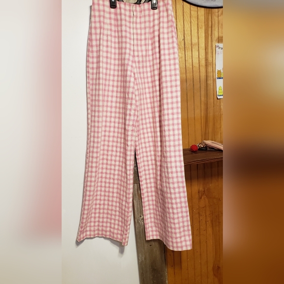 Zara Pink Plaid Checkered Gingham Wide Leg Pant Cotton Blend High Waist Med - Picture 4 of 5